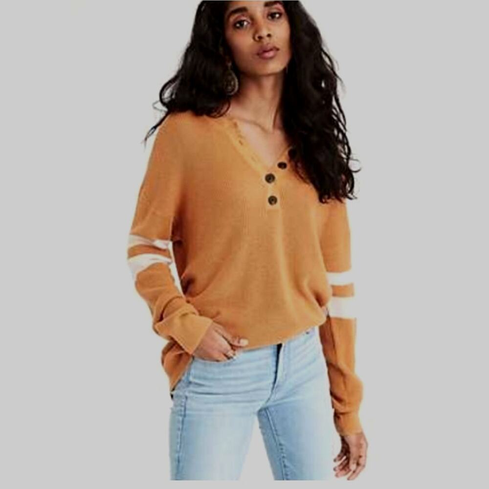 American Eagle Henley Sweater Medium Orange Varsity Stripes Relaxed Fit Pullover
